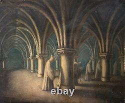Ancient Painting, Monastery, Monks, Religious, Oil On Paper, 19th Painting