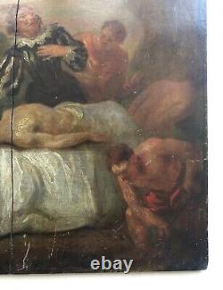 Ancient Painting, Mortuary Scene, Oil On Panel, Sketch, 19th Or Before