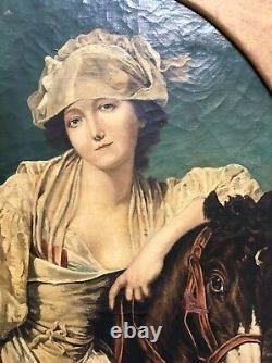 Ancient Painting Of Greuze, Oil On Canvas, Dairy And Horse, 19th