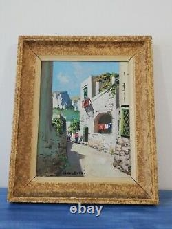 Ancient Painting Oil Canvas Signed Gustave Lino Capri Street Animated