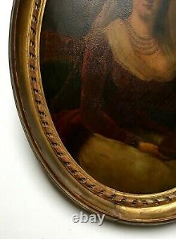 Ancient Painting, Oil On Bulging Oval Panel, Portrait Of Woman, Frame, 19th