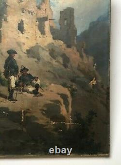 Ancient Painting, Oil On Canvas, Alpine Hunters In Front Of Ruins, 19th Century