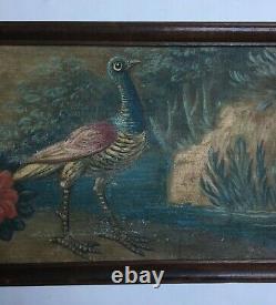 Ancient Painting, Oil On Canvas, Bird And Flowers, 82 Cm, 19th Century