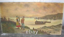Ancient Painting, Oil On Canvas Boat Rocky Coast Village Brittany Early 20th Century