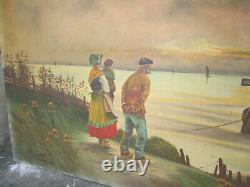 Ancient Painting, Oil On Canvas Boat Rocky Coast Village Brittany Early 20th Century