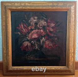 Ancient Painting Oil On Canvas Bouquet Of Flowers Xixeme
