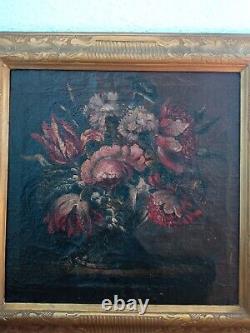 Ancient Painting Oil On Canvas Bouquet Of Flowers Xixeme