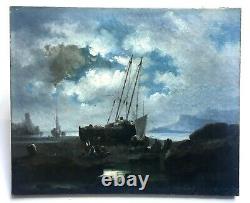 Ancient Painting, Oil On Canvas, Dutch School, Navy, Boats, Mid-19th Century