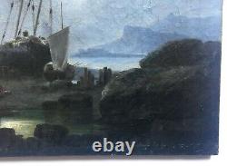 Ancient Painting, Oil On Canvas, Dutch School, Navy, Boats, Mid-19th Century