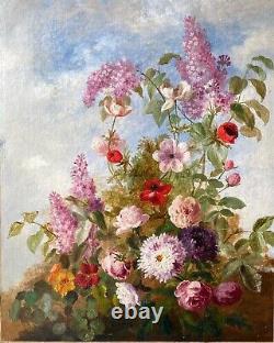 Ancient Painting Oil On Canvas. Flowers