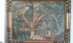 Ancient Painting Oil On Canvas Forest Path Signed. Xxth