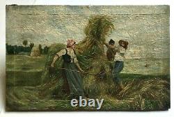 Ancient Painting, Oil On Canvas, Harvest Scene, Field Work, Early 20th Century