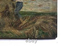 Ancient Painting, Oil On Canvas, Harvest Scene, Field Work, Early 20th Century