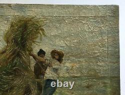 Ancient Painting, Oil On Canvas, Harvest Scene, Fieldwork, 19th