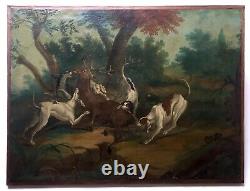 Ancient Painting, Oil On Canvas, Hunting Scene, Cerf, Dogs, 19th Or Before