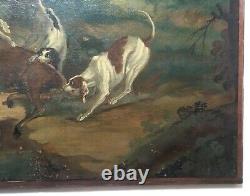 Ancient Painting, Oil On Canvas, Hunting Scene, Cerf, Dogs, 19th Or Before