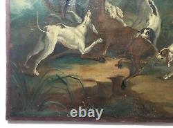 Ancient Painting, Oil On Canvas, Hunting Scene, Cerf, Dogs, 19th Or Before