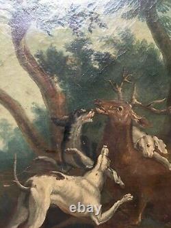 Ancient Painting, Oil On Canvas, Hunting Scene, Cerf, Dogs, 19th Or Before