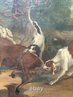 Ancient Painting, Oil On Canvas, Hunting Scene, Cerf, Dogs, 19th Or Before