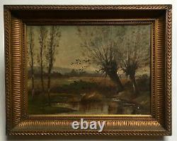 Ancient Painting, Oil On Canvas, Landscape At The Pond, Frame, Late 19th Century