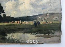 Ancient Painting, Oil On Canvas, Landscape, Countryside, Cows In The Meadow, 19th