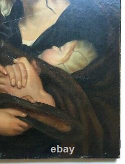Ancient Painting, Oil On Canvas, Madonna, Portrait, Female And Children, 19th Century