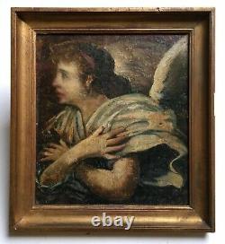Ancient Painting, Oil On Canvas Marbled On Cardboard, Angel, 19th Or Before