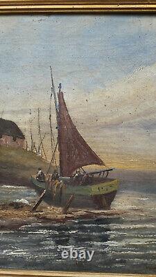 Ancient Painting Oil On Canvas Marine Bretagne