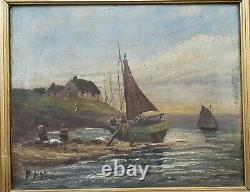 Ancient Painting Oil On Canvas Marine Bretagne