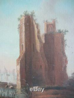 Ancient Painting Oil On Canvas Marine Eighteenth Century Ruins