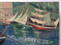 Ancient Painting, Oil On Canvas, Monogrammy, Port View, Boats, Early 20th Century