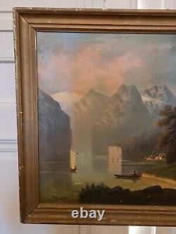 Ancient Painting, Oil On Canvas Mountain Landscape