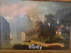 Ancient Painting, Oil On Canvas Mountain Landscape
