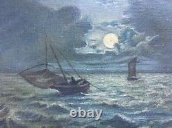 Ancient Painting, Oil On Canvas, Night Marine, Late 19th Century