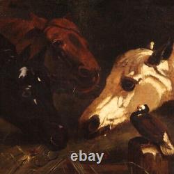 Ancient Painting Oil On Canvas Painting Horses Animals Stable 19th Century 800