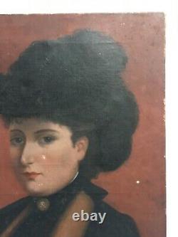Ancient Painting, Oil On Canvas, Portrait Of Woman In Hat, Late 19th Century