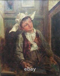 Ancient Painting, Oil On Canvas, Portrait Of Young Boy In Costume, 19th Century