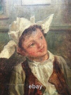 Ancient Painting, Oil On Canvas, Portrait Of Young Boy In Costume, 19th Century