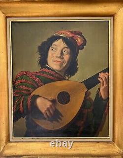 Ancient Painting Oil On Canvas Portrait Troubadour Musician Medieval Framed XIX