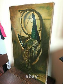 Ancient Painting Oil On Canvas Sanchez (xxe-s) Still Life Peacock
