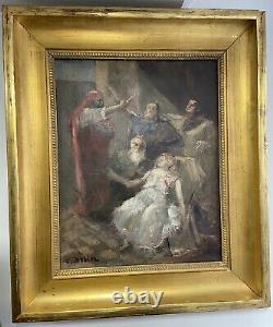 Ancient Painting Oil On Canvas Signed C Brun Epo 18th Animated Scene See Gilded