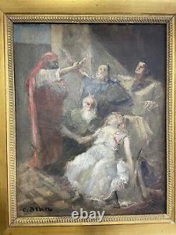 Ancient Painting Oil On Canvas Signed C Brun Epo 18th Animated Scene See Gilded