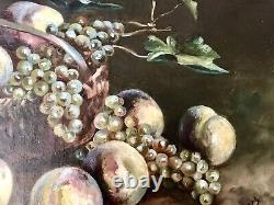 Ancient Painting Oil On Canvas Signed Nature Morte Picking Peaches And Raisin