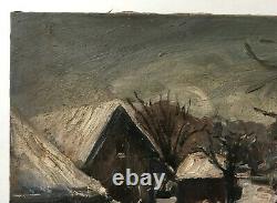 Ancient Painting, Oil On Canvas, Snowy Village, 20th Century