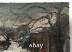 Ancient Painting, Oil On Canvas, Snowy Village, 20th Century