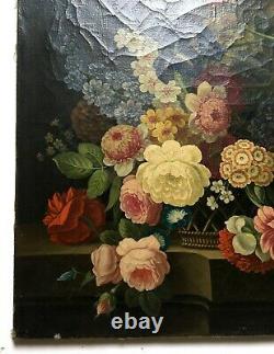 Ancient Painting, Oil On Canvas, Still Life With Bouquet Of Flowers, 19th