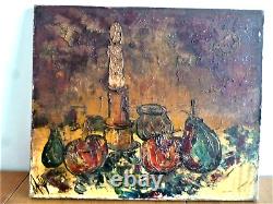 Ancient Painting Oil On Canvas Still Life With Fruit Candle Signed Oil Painting