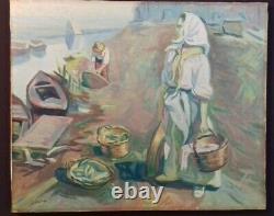 Ancient Painting Oil On Canvas. The Fish Merchant Signed Sabariego. Xxth