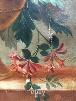 Ancient Painting, Oil On Canvas To Restore, Still Life, Flowers, Bouquet, 19th Century