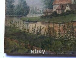 Ancient Painting, Oil On Canvas, Village By River, Painting, Late 20th Century